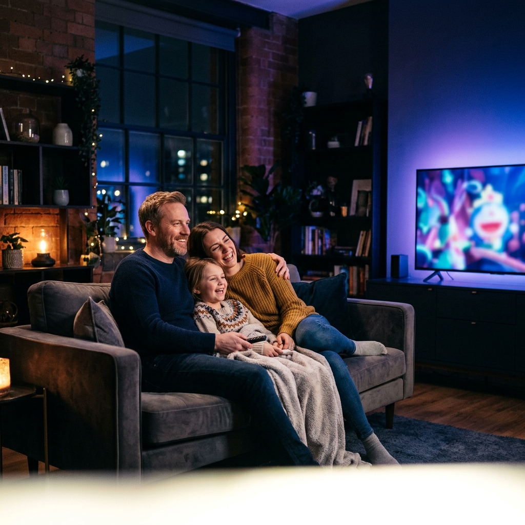 Family watching FreeGoTV IPTV on TV